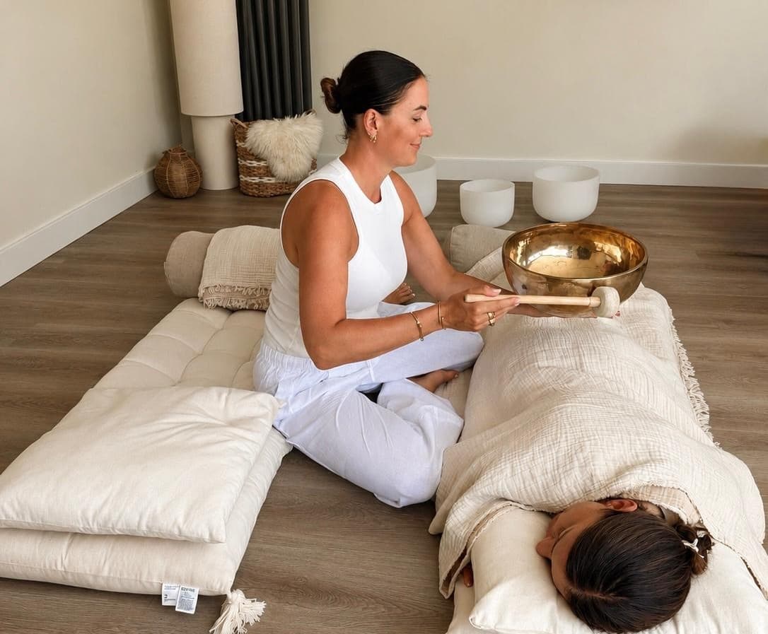Sam performing a private 1:1 sound healing session with a client at Sound Studio, Christchurch, Dorset