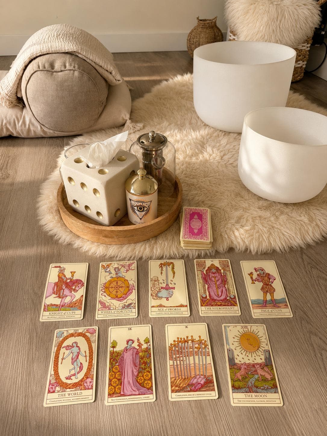 Tarot cards laid out during an intuitive reading session at Sound Studio, Christchurch, Dorset