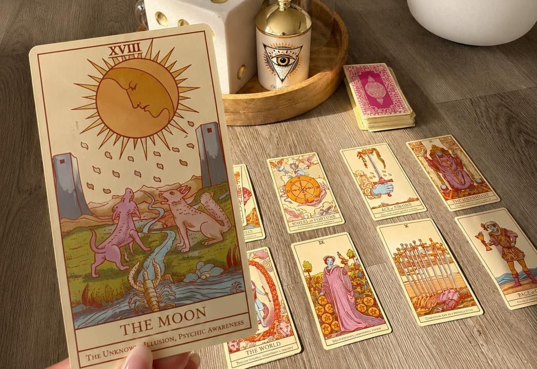 Tarot cards laid out during an intuitive reading session at Sound Studio, Mudeford, Dorset