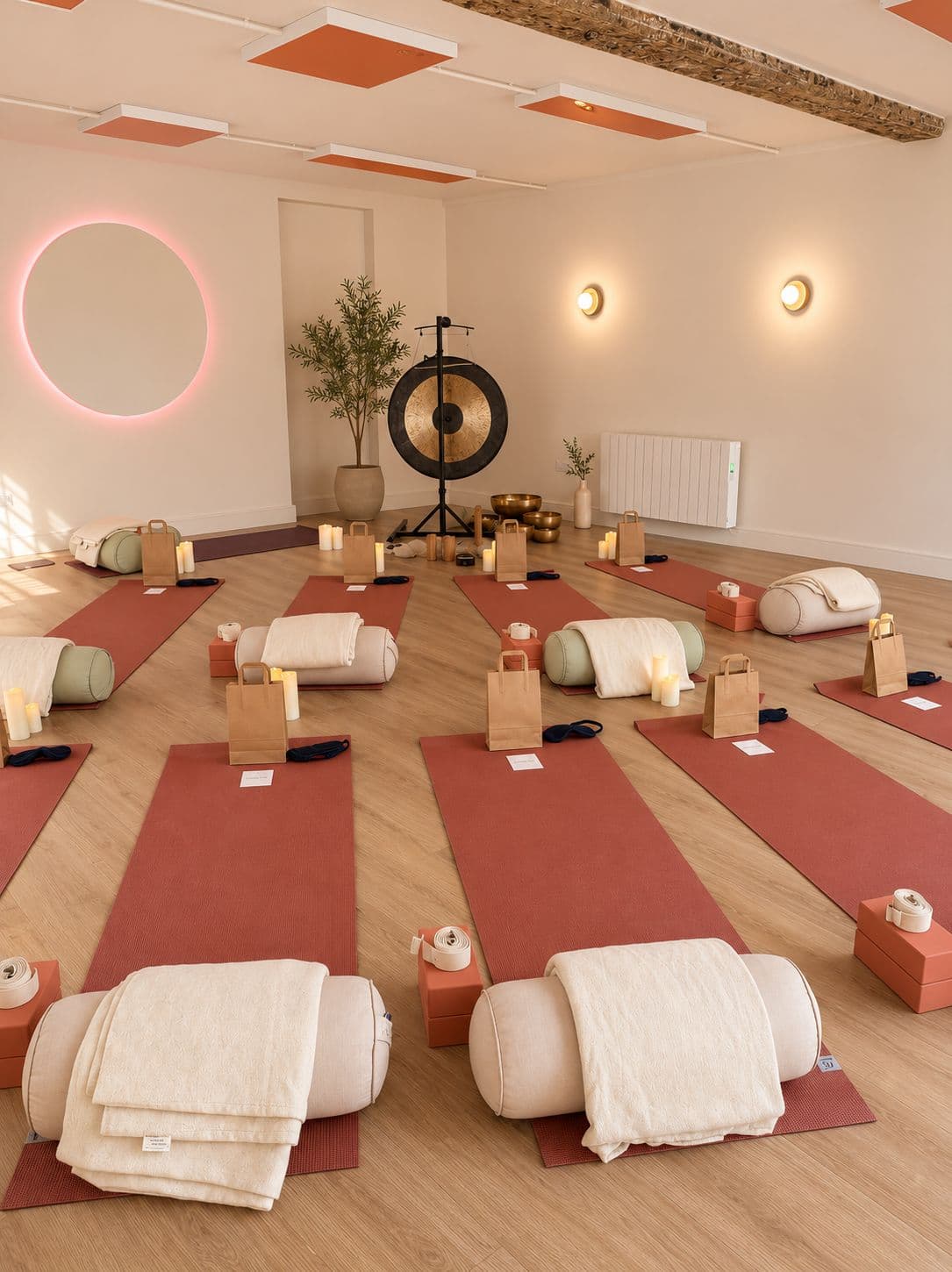 Sound healing session space set up for a group sound bath